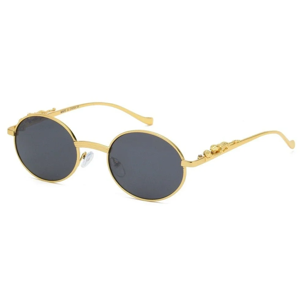 Round Sunglasses Dark Black Lens Gold Metal Frame‎ Men's Fashion Shades Lentes